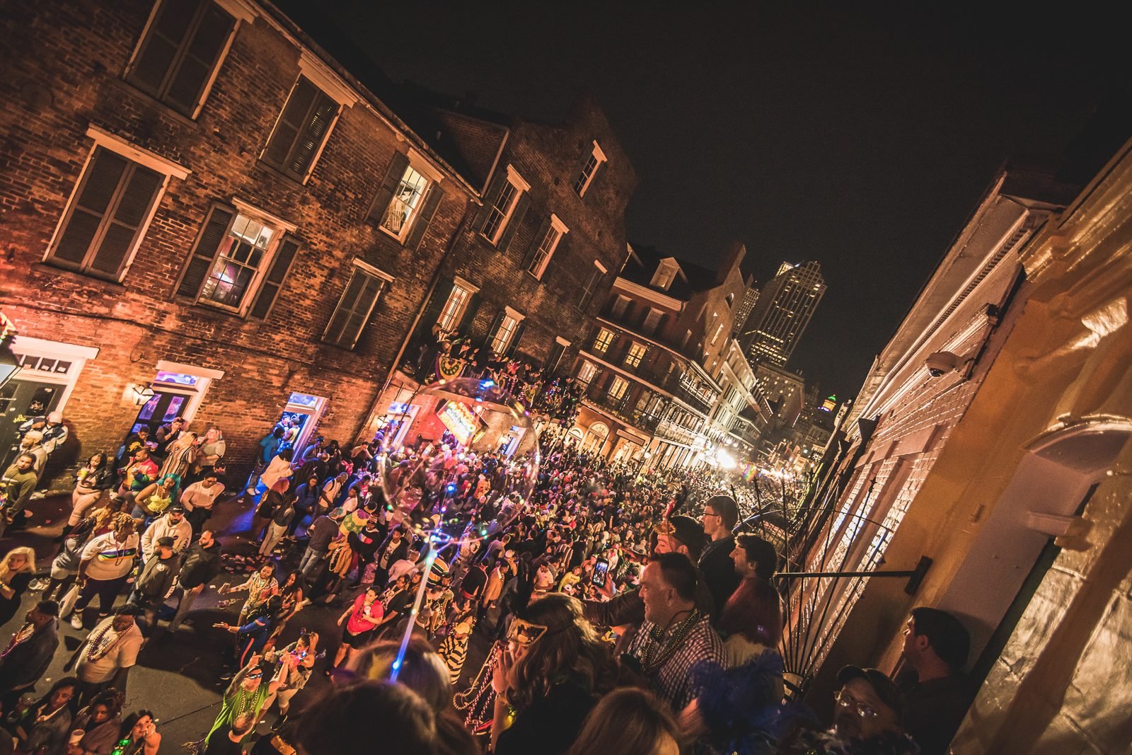 Mardi Gras corporate event, tilted street scene